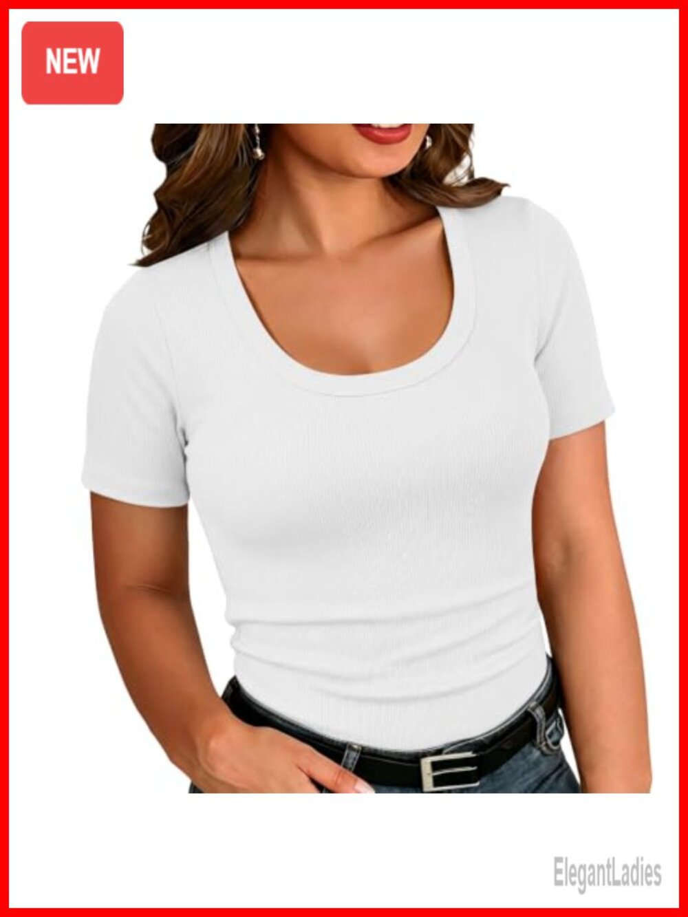 Plus Size Ribbed Knit Scoop Neck Short Sleeve Summer T-Shirt